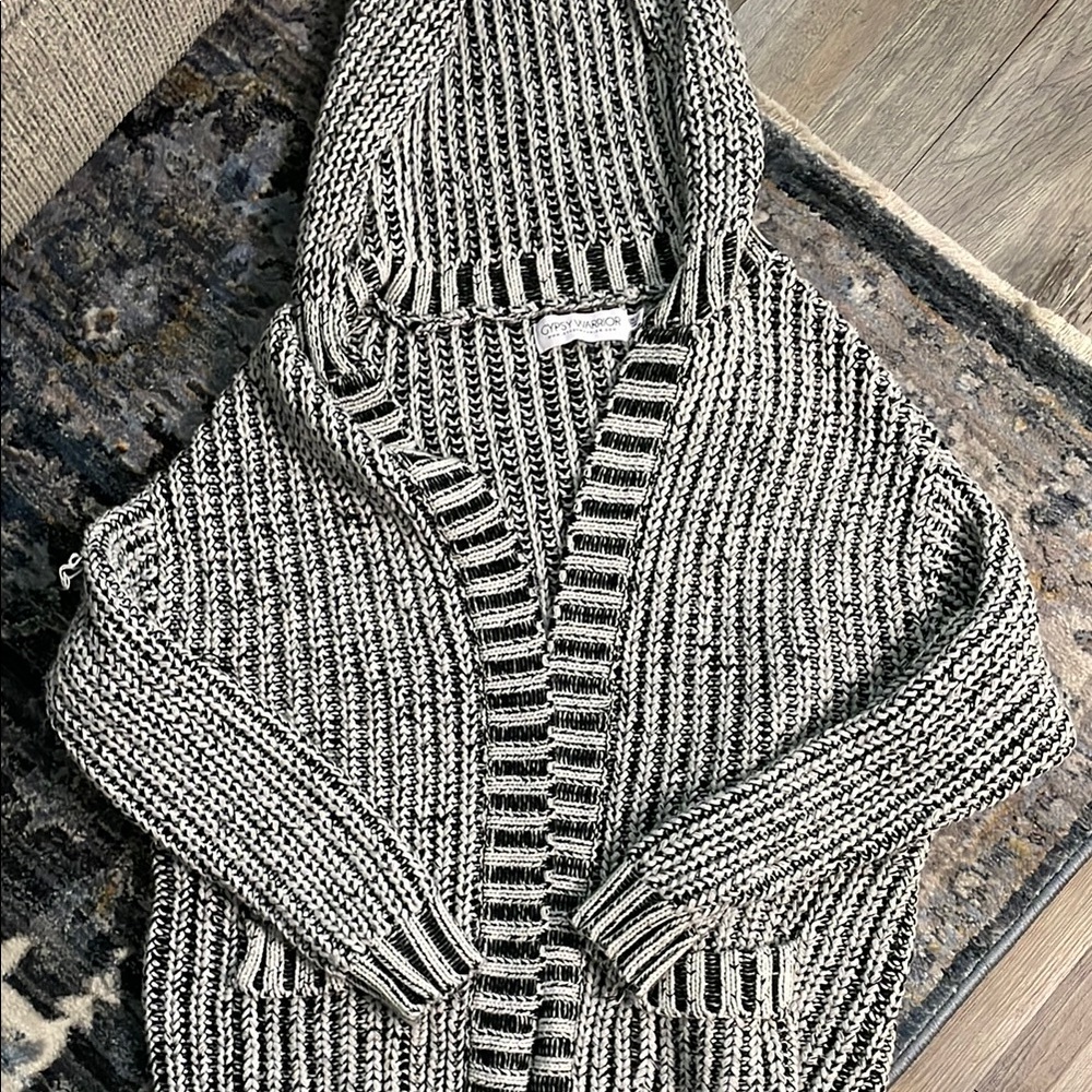 Gypsy Warrior Black and White Hooded Sweater Cardigan